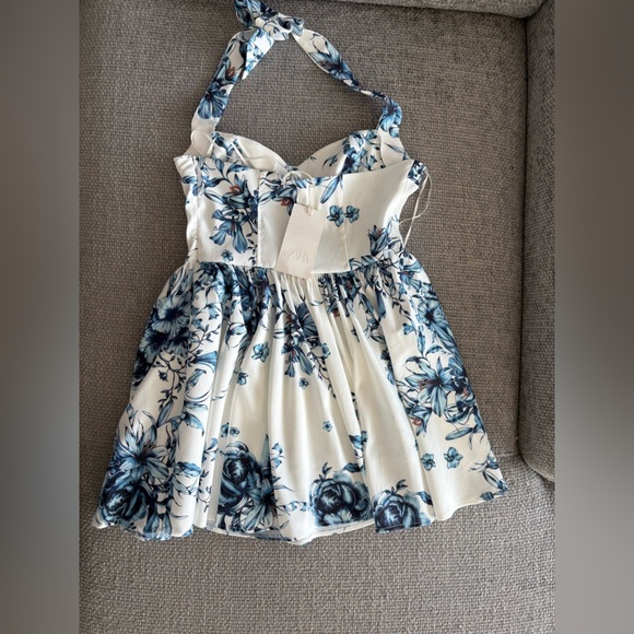 ZARA Blue Floral Halter Tie-Back Mini Dress – Size Medium - Picture 14 of 16
